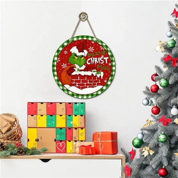 Merry Christmas Sign for Front Door Decor, Green Xmas Holiday Wood Door Hanger - Picture 7 of 7